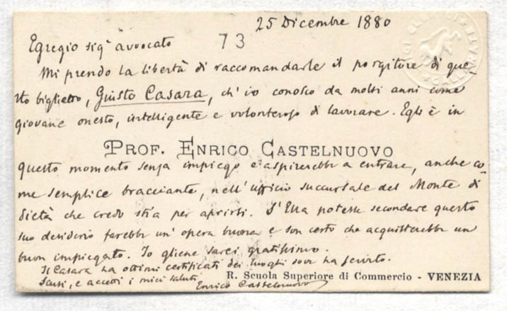 Biglietto da visita con raccomandazione.