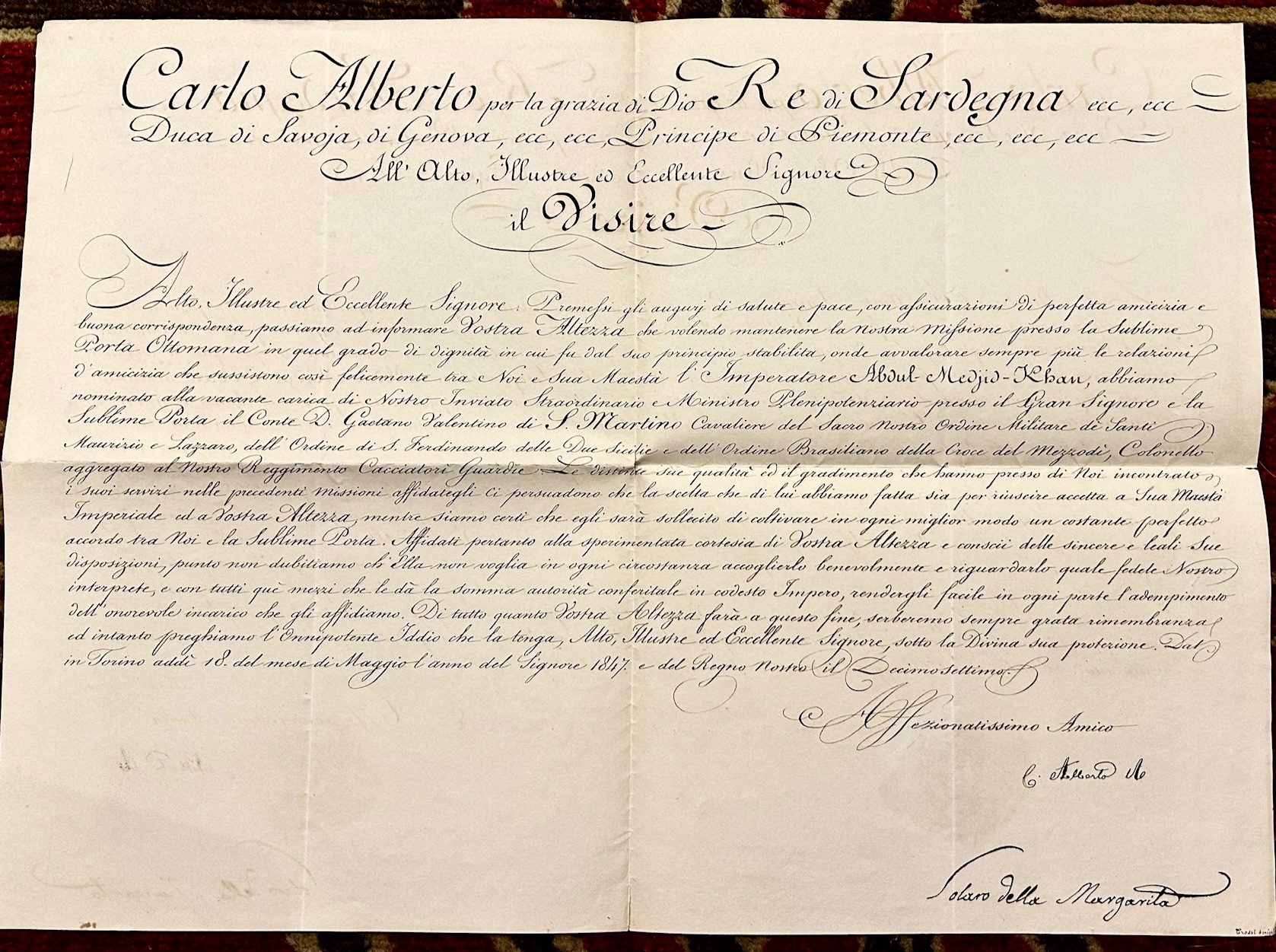 Documento con sottoscrizione autografa del Re indirizzato all'Imperatore degli Ottomani.&amp;nbsp;