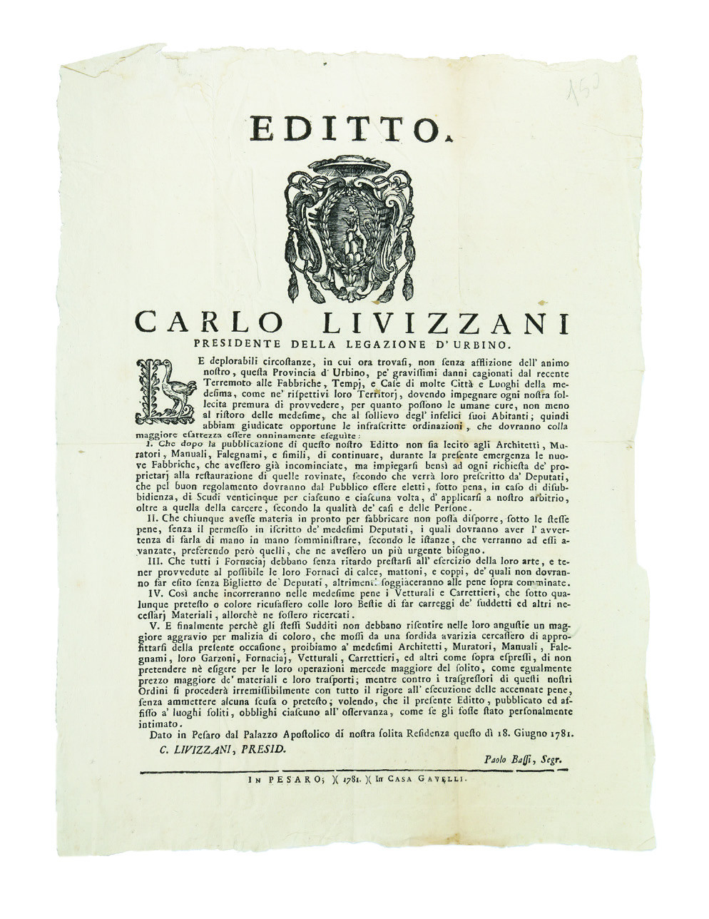 Editto. Carlo Livizzani Presidente della Legazione d�Urbino� Dato in Pesaro …