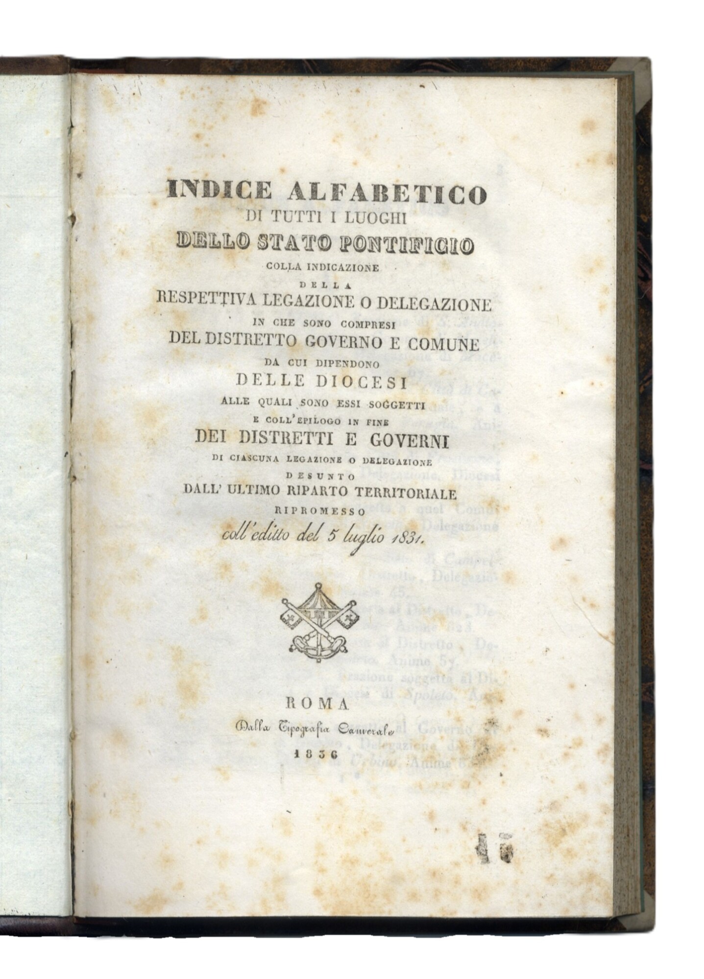 Indice alfabetico di tutti i luoghi dello Stato Pontificio colla …