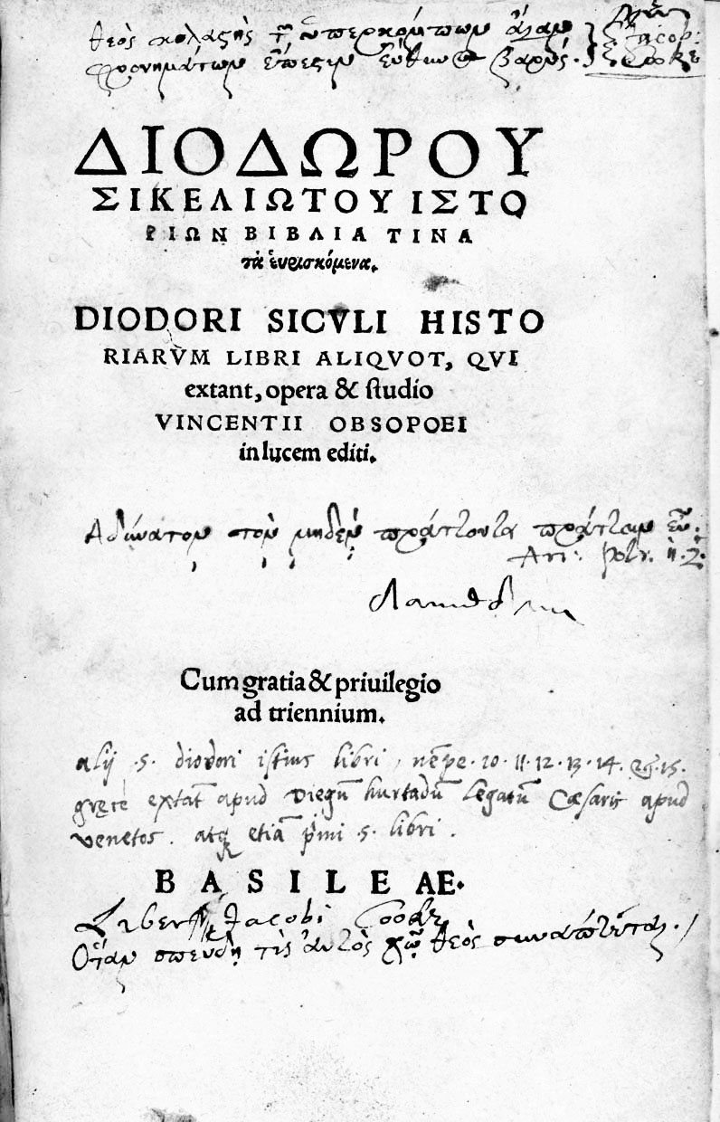 Istorion Biblia tina ta heuriskomena (in greco). Diodori Siculi Historiarum …