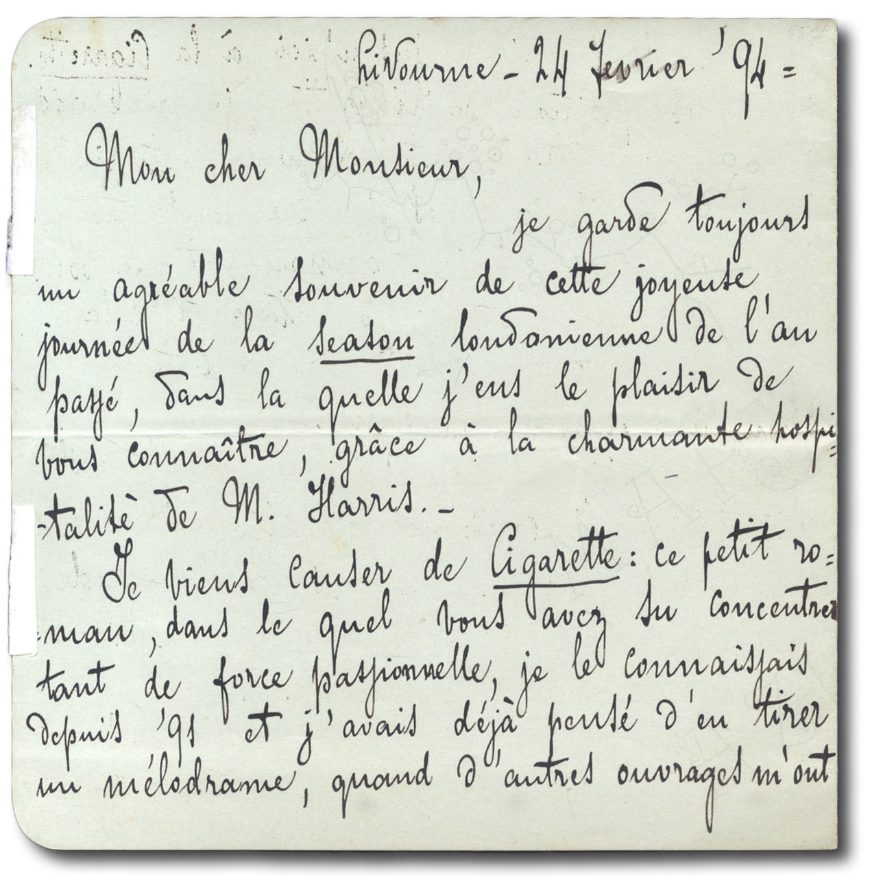 La Cigarette. L.a.f., in francese, indirizzata a ''M. Jules Claretie …