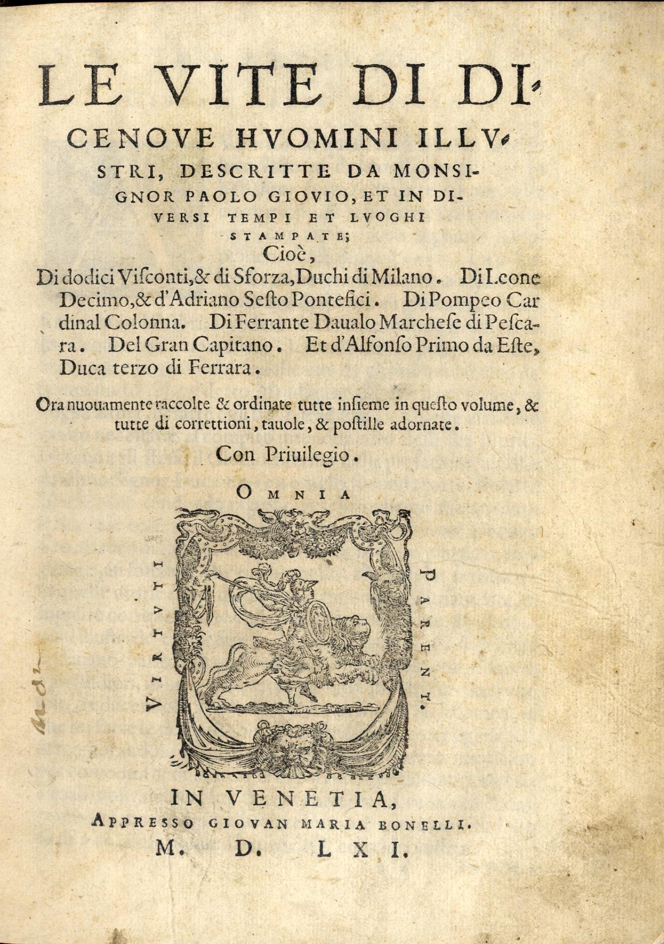 Le vite di dicenove huomini illustri,&amp;nbsp;descritte da P.G. et in …