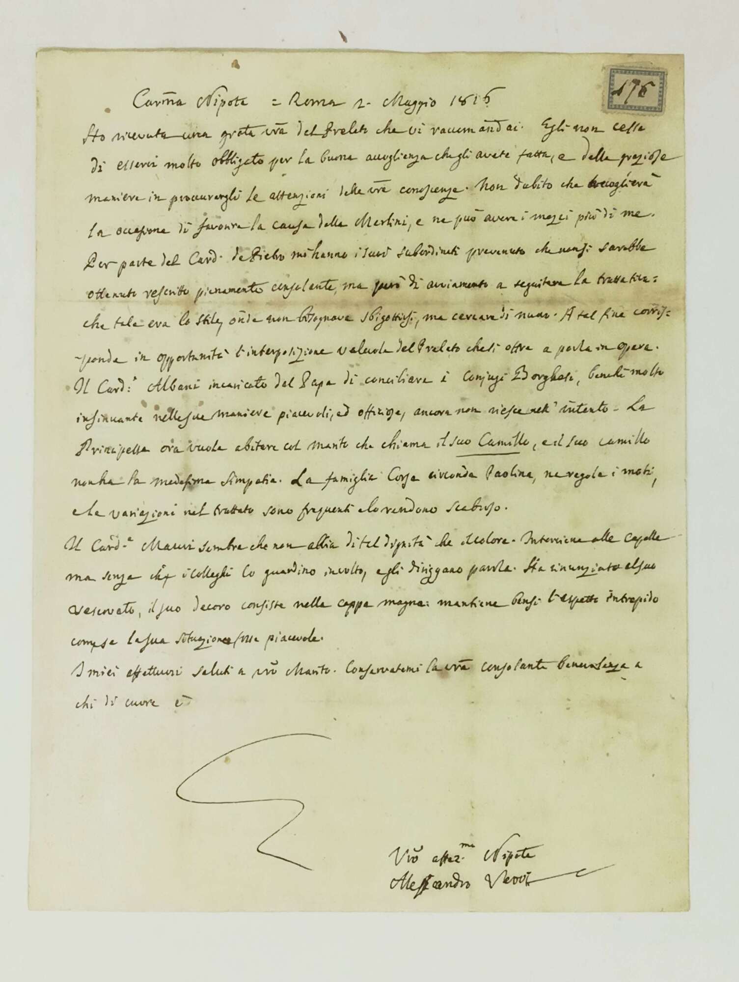 Lettera autografa firmata a "Carissima Nipote".