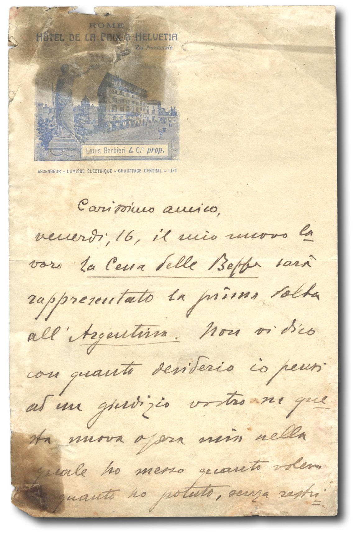 Lettera autografa firmata a ''carissimo amico'' (D. Oliva),