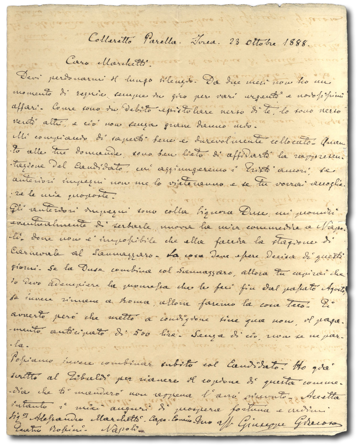 Lettera autografa firmata indirizzata a Alessandro Marchetti