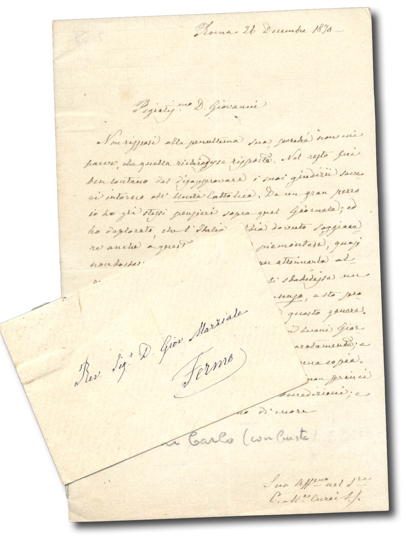 Lettera autografa firmata indirizzata a ''D. Giovanni Marziale''.