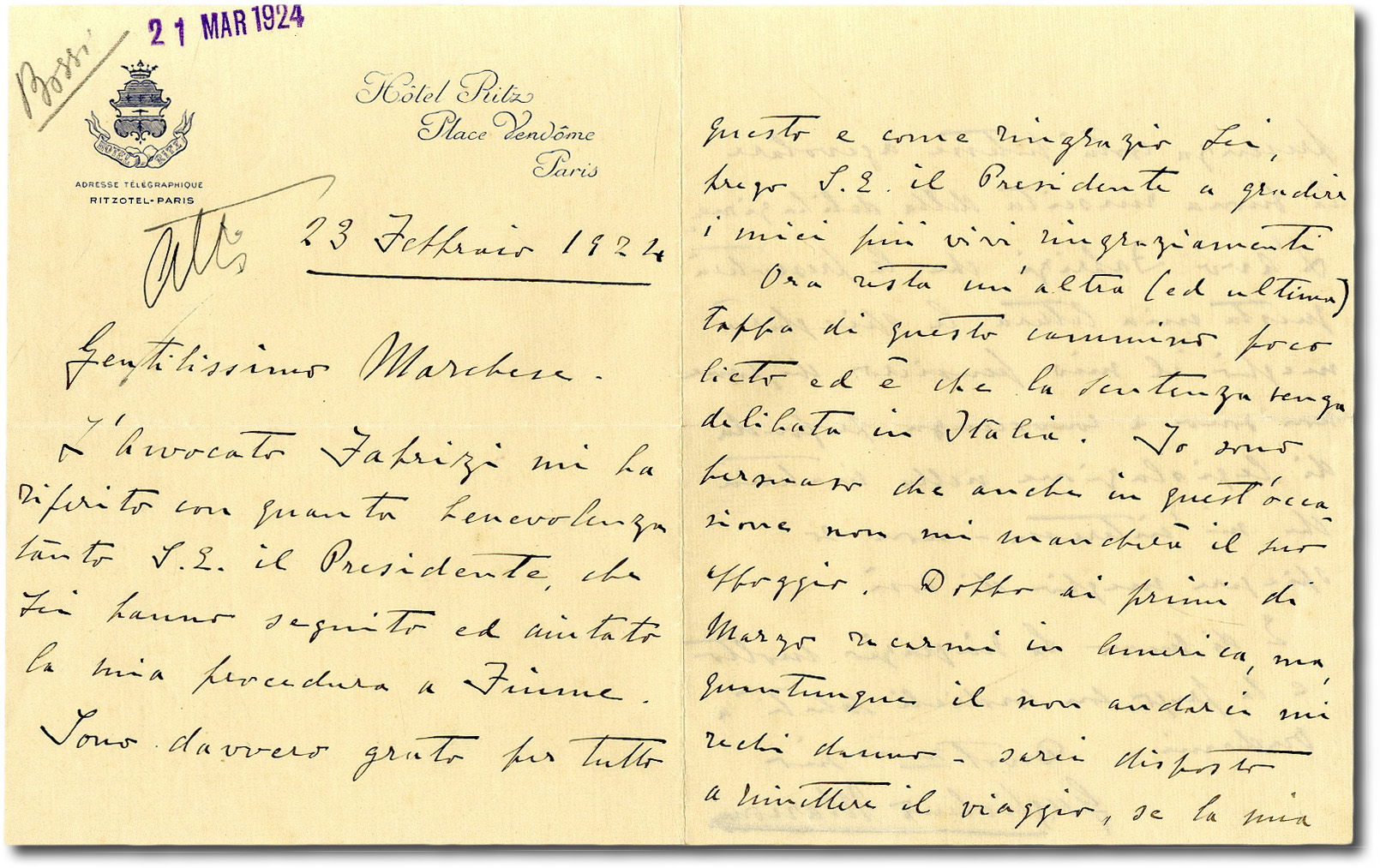 Lettera autografa dedicata al tema del divorzio.