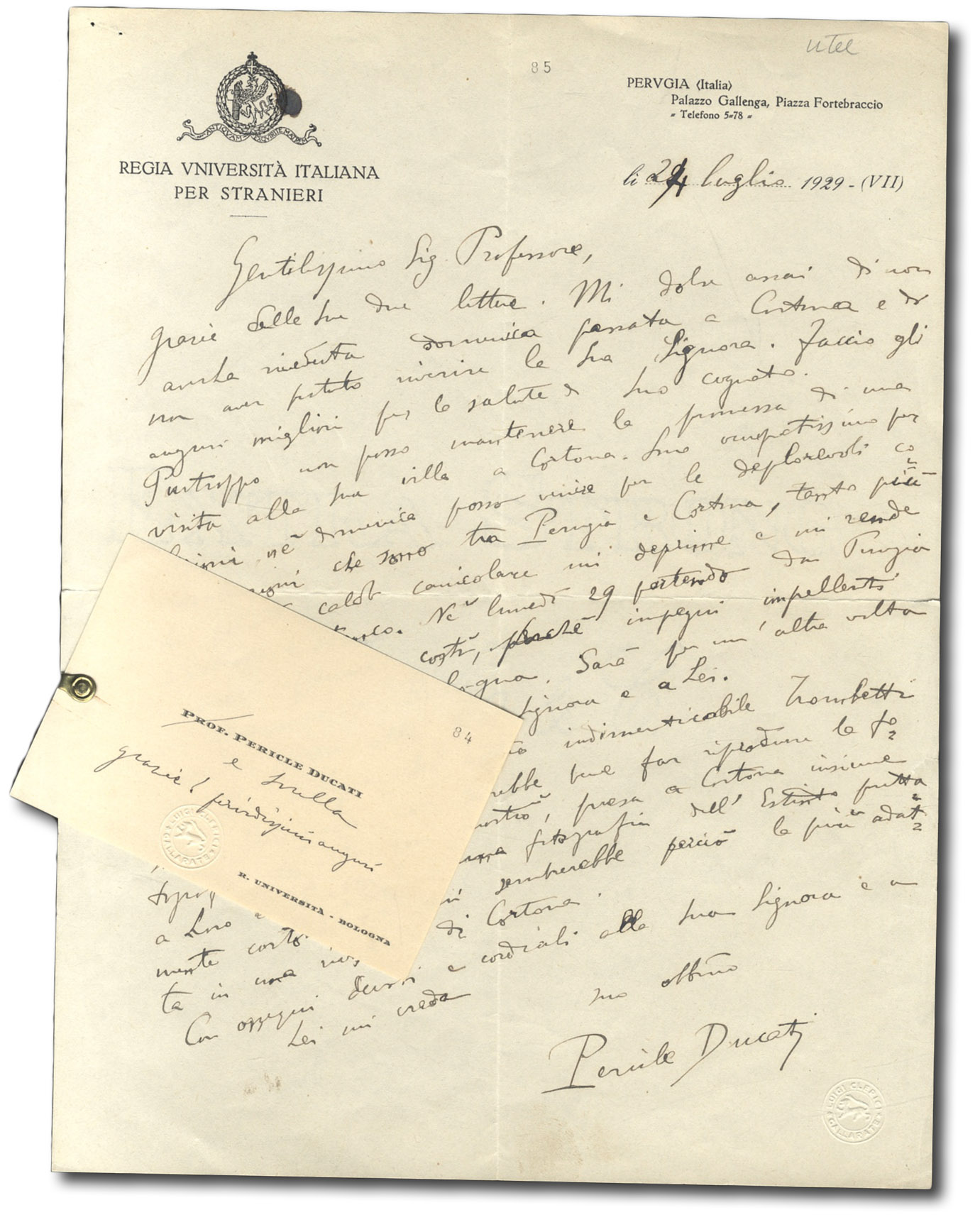 Lettera autografa firmata indirizzata a ''Gentilissimo Sig. Professore''.