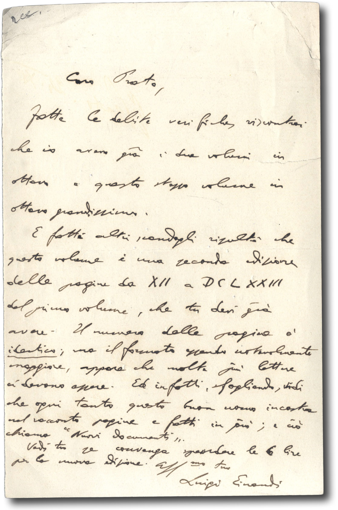 Lettera autografa firmata indirizzata a Giuseppe Prato.