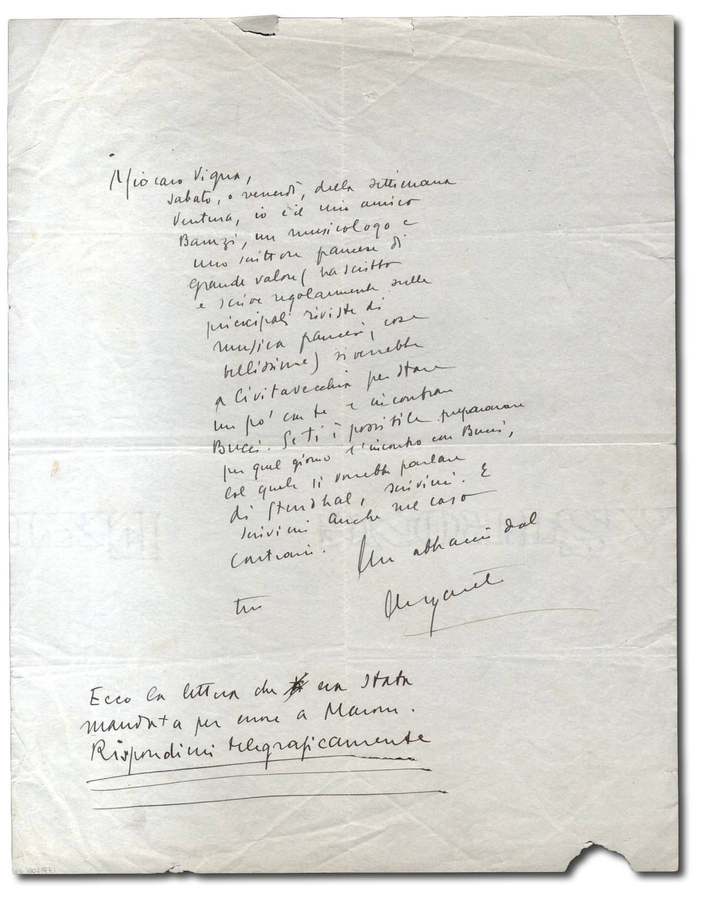 Lettera autografa firmata indirizzata a ''Mio caro Vigna'',