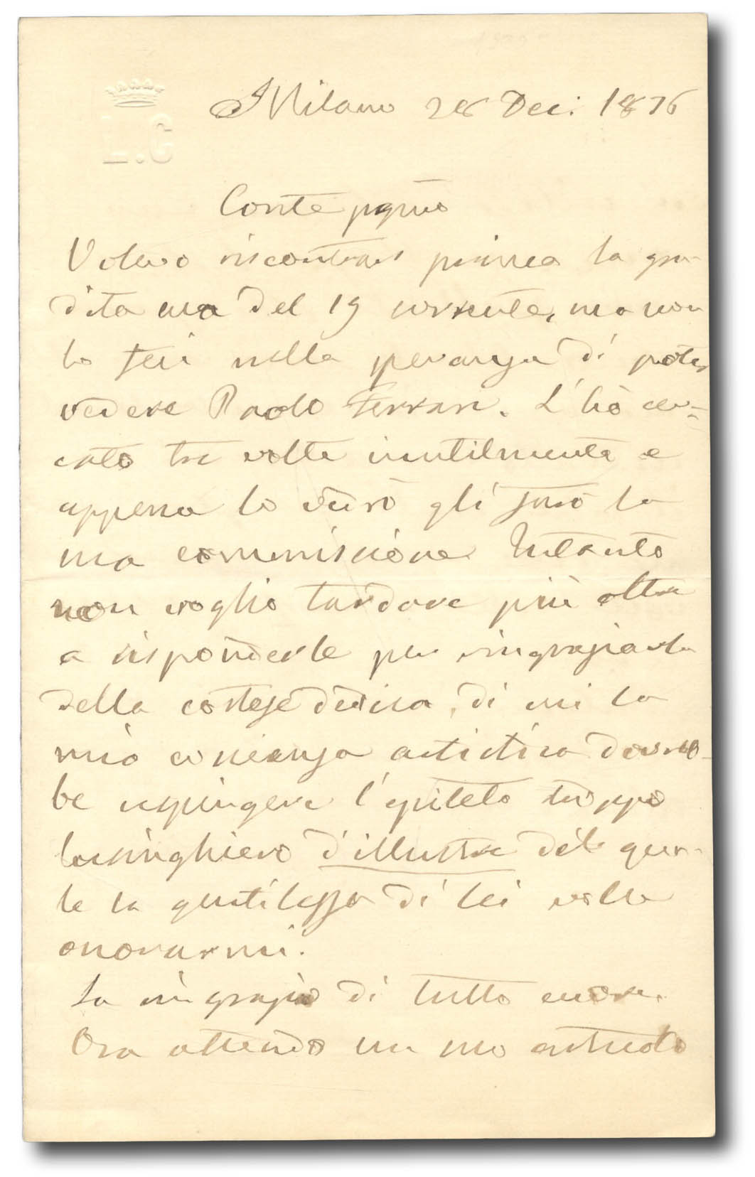 Lettera autografa firmata indirizzata ad un anonimo ''Conte pregiatissimo''.