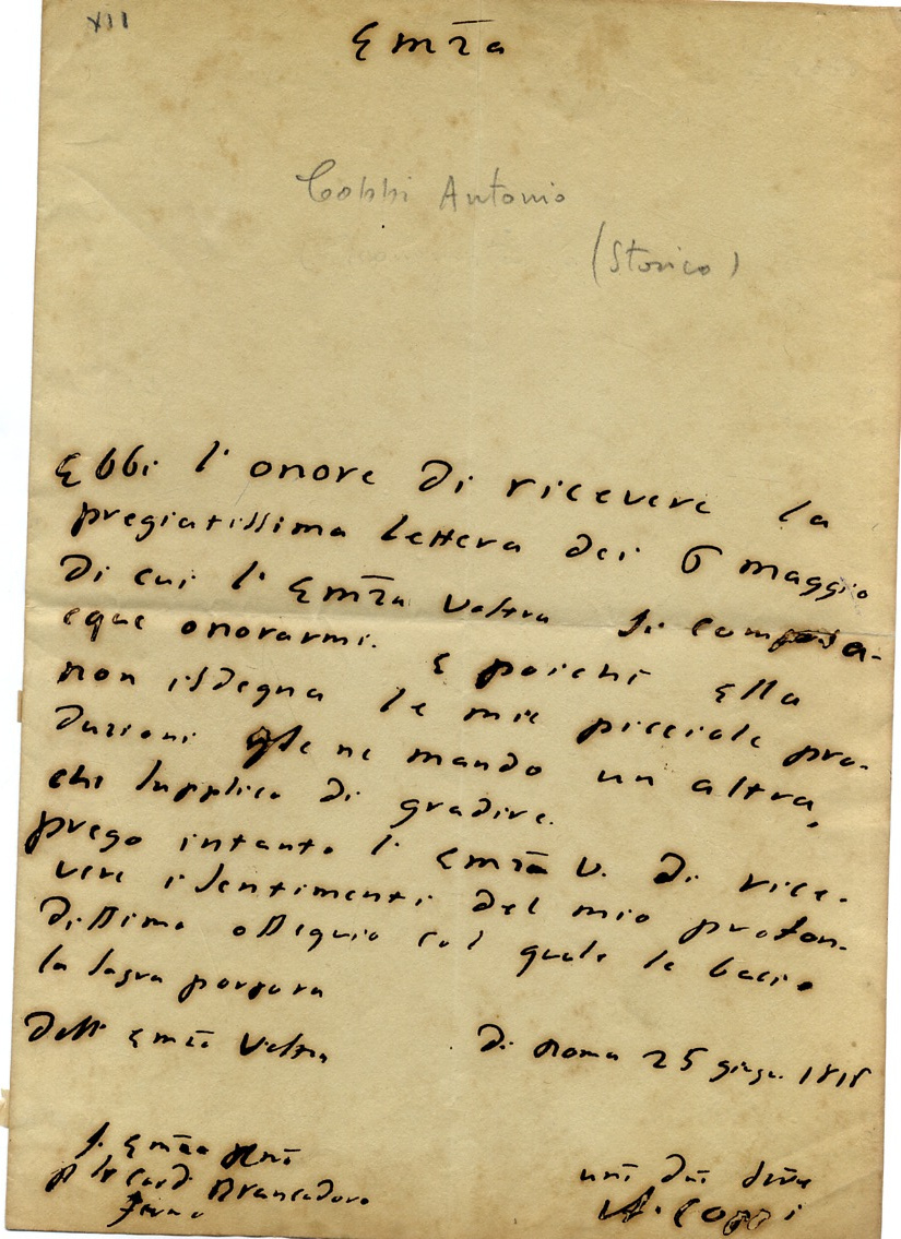 Lettera autografa firmata indirizzata al ''Cardinale Brancadoro''.