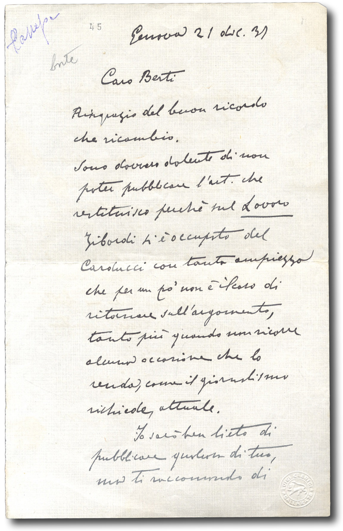 Lettera autografa firmata indirizzato a ''Caro Berti''.