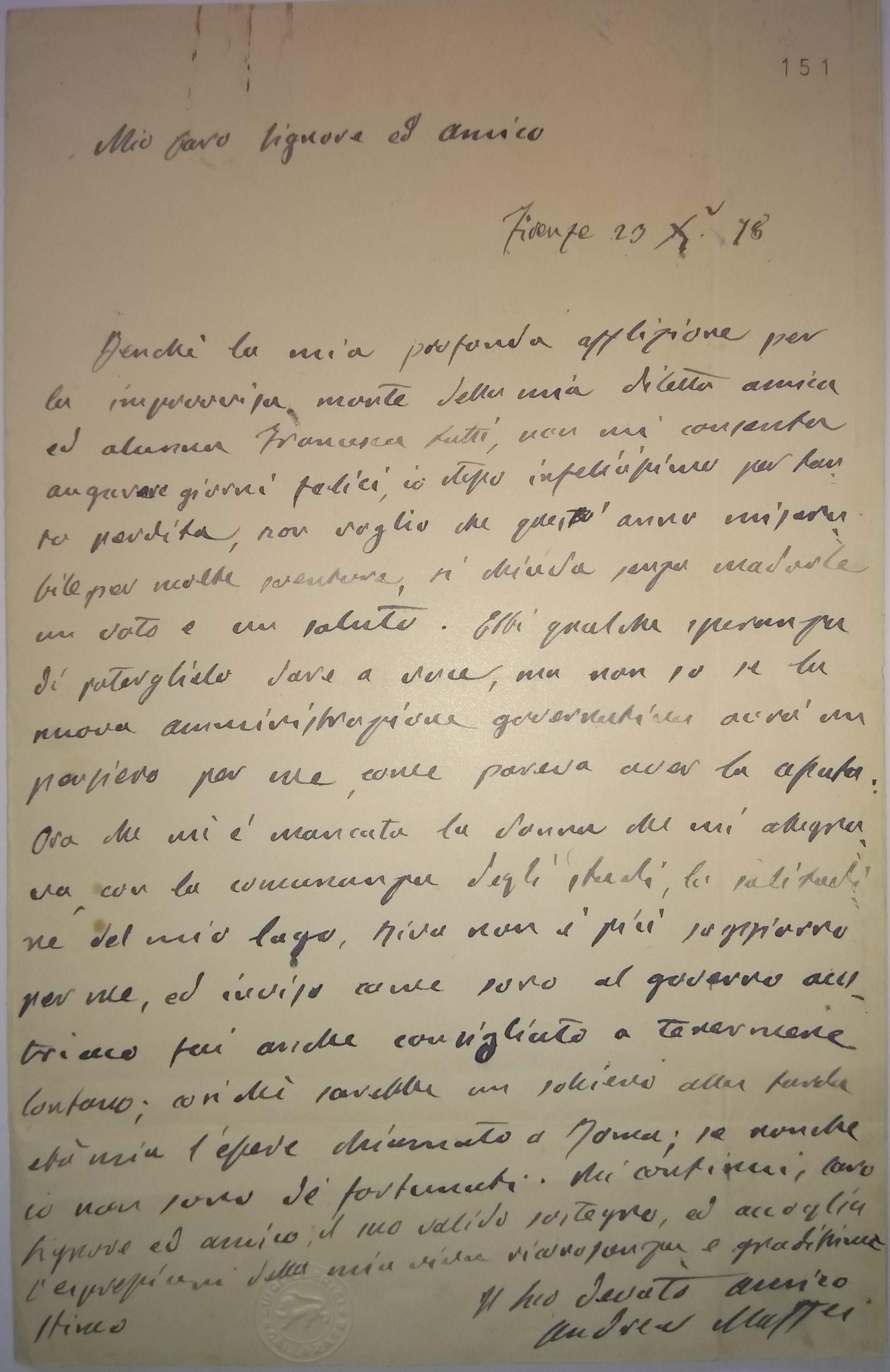 Lettera autografa indirizzata a ''Mio caro Signore ed amico''.