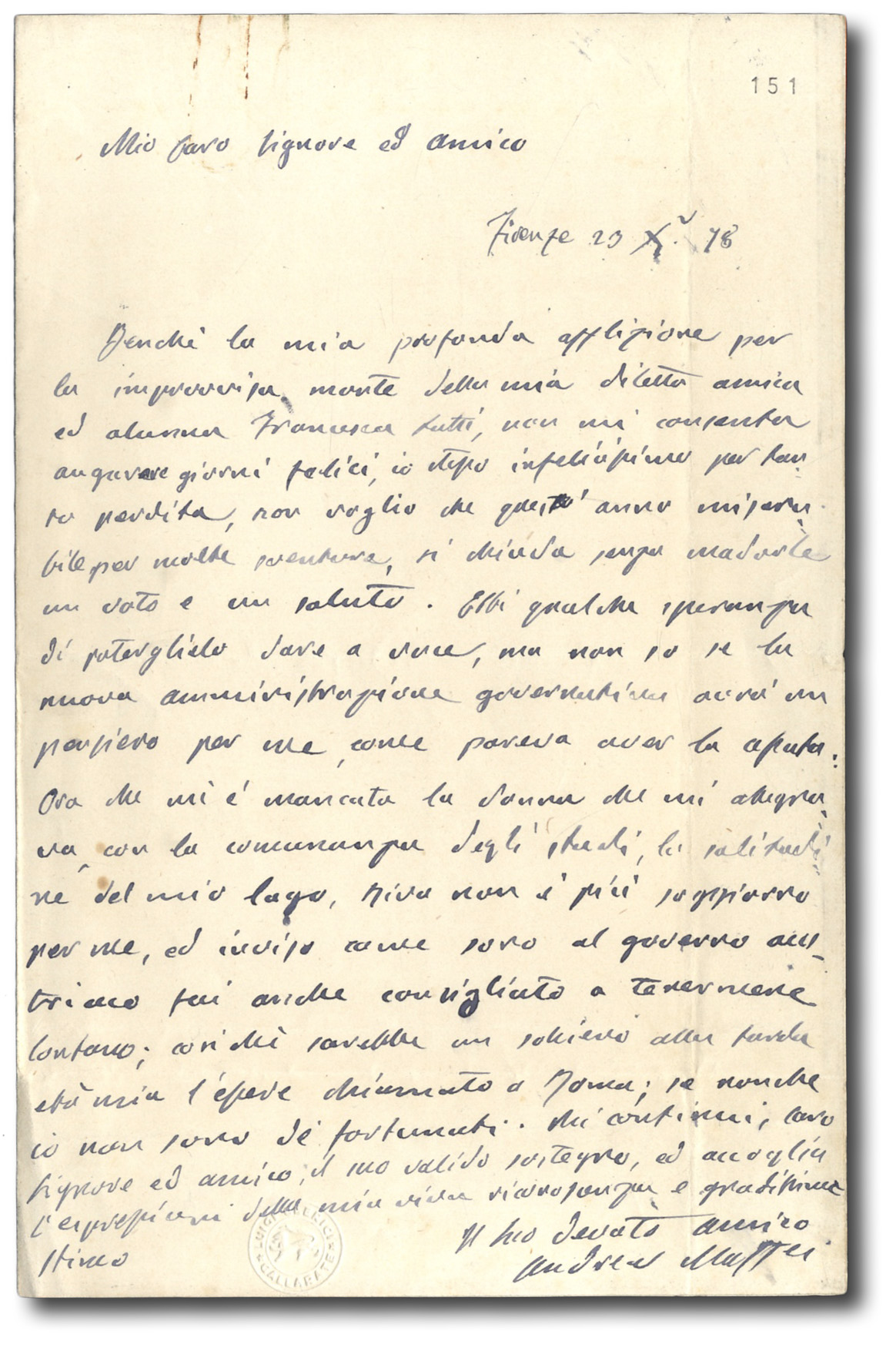 Lettera autografa indirizzata ad Agostino Sagredo.