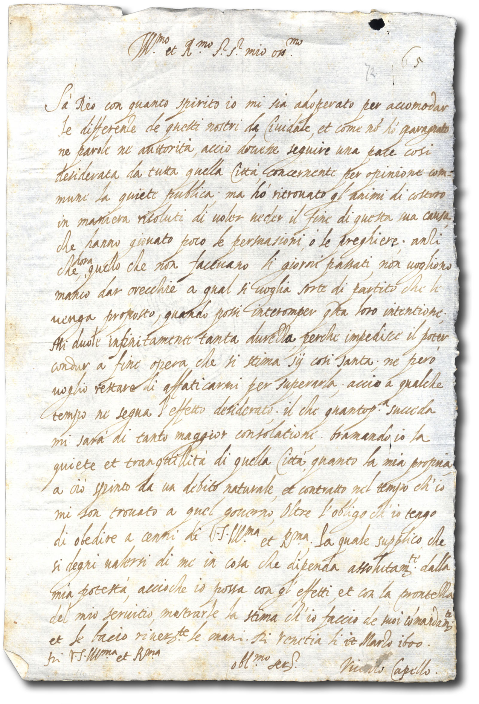 Lettera autografa indirizzata ad un Cardinale veneziano.