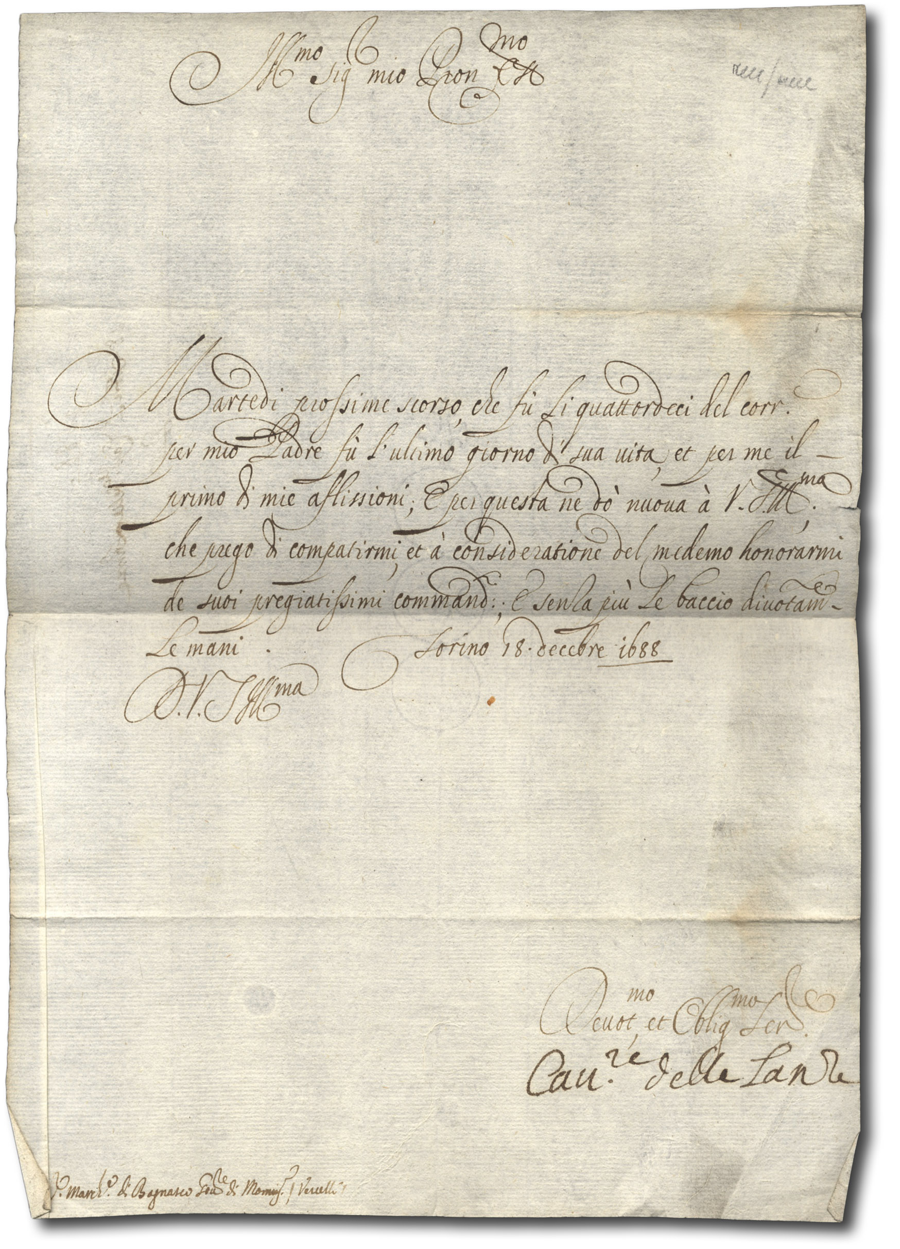 Lettera firmata indirizzata al Governatore di Vercelli Carlo Girolamo del …