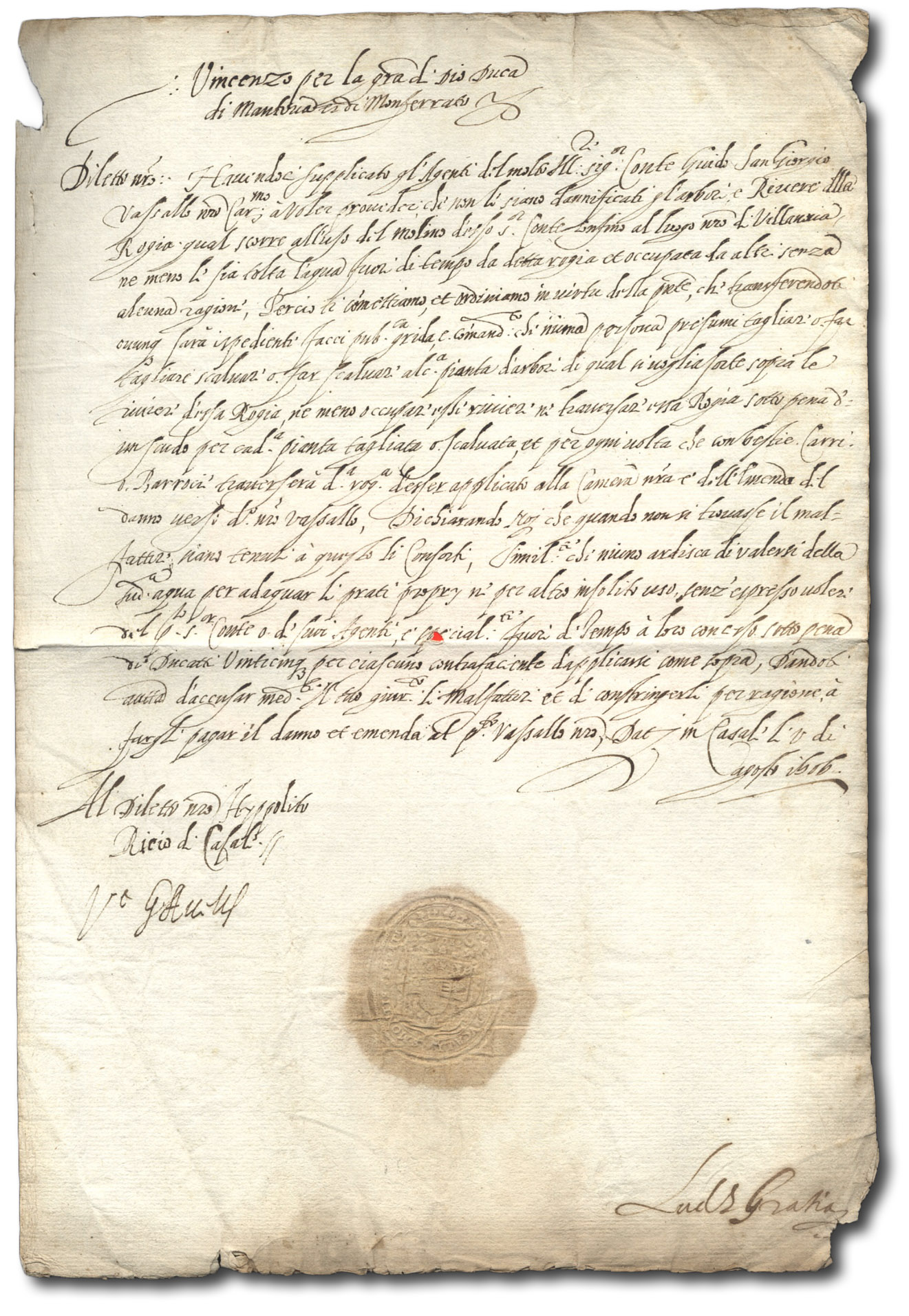 Lettera indirizzata al Conte Guido di Sangiorgio.