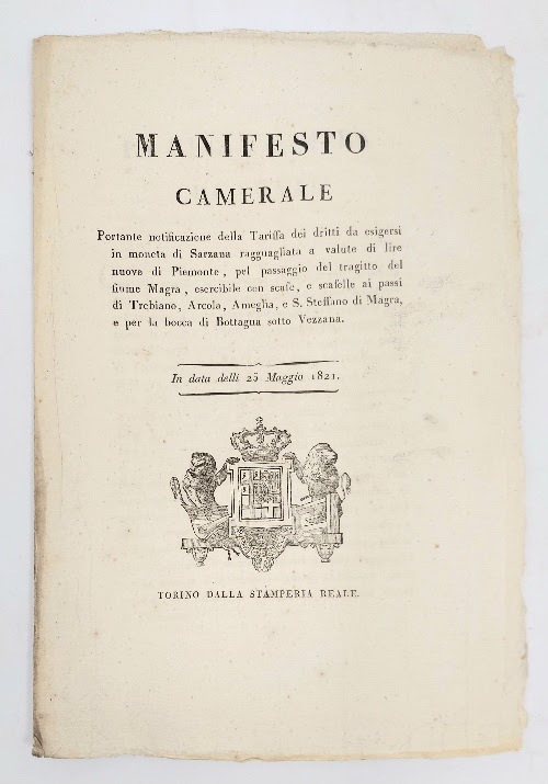 Manifesto camerale portante notificanza della tariffa dei dritti da esigersi …