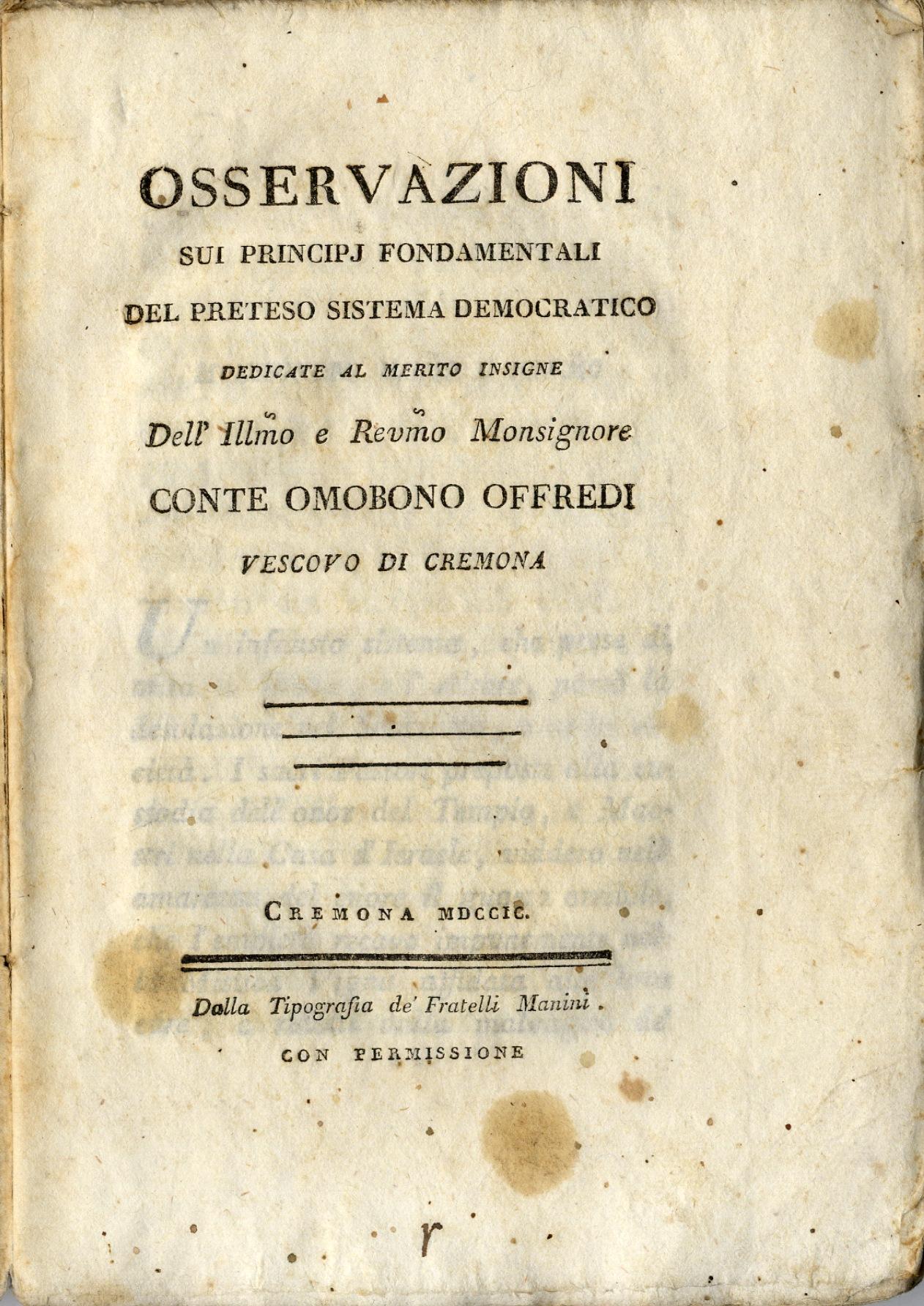 Osservazioni sui principi fondamentali del preteso Sistema Democratico dedicate al …
