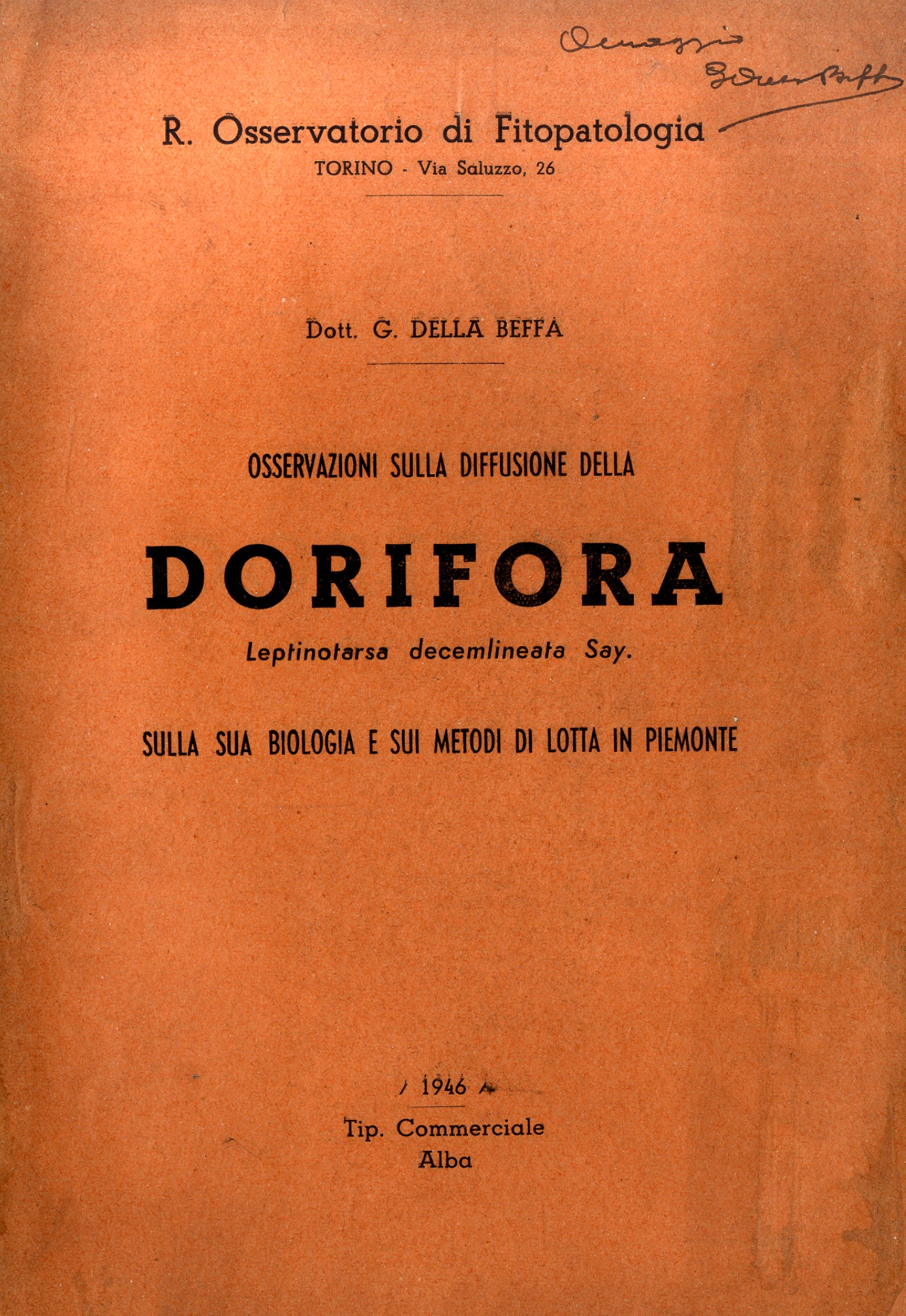 Osservazioni sulla diffusione della dorifora...sulla sua biologia e sui metodi …