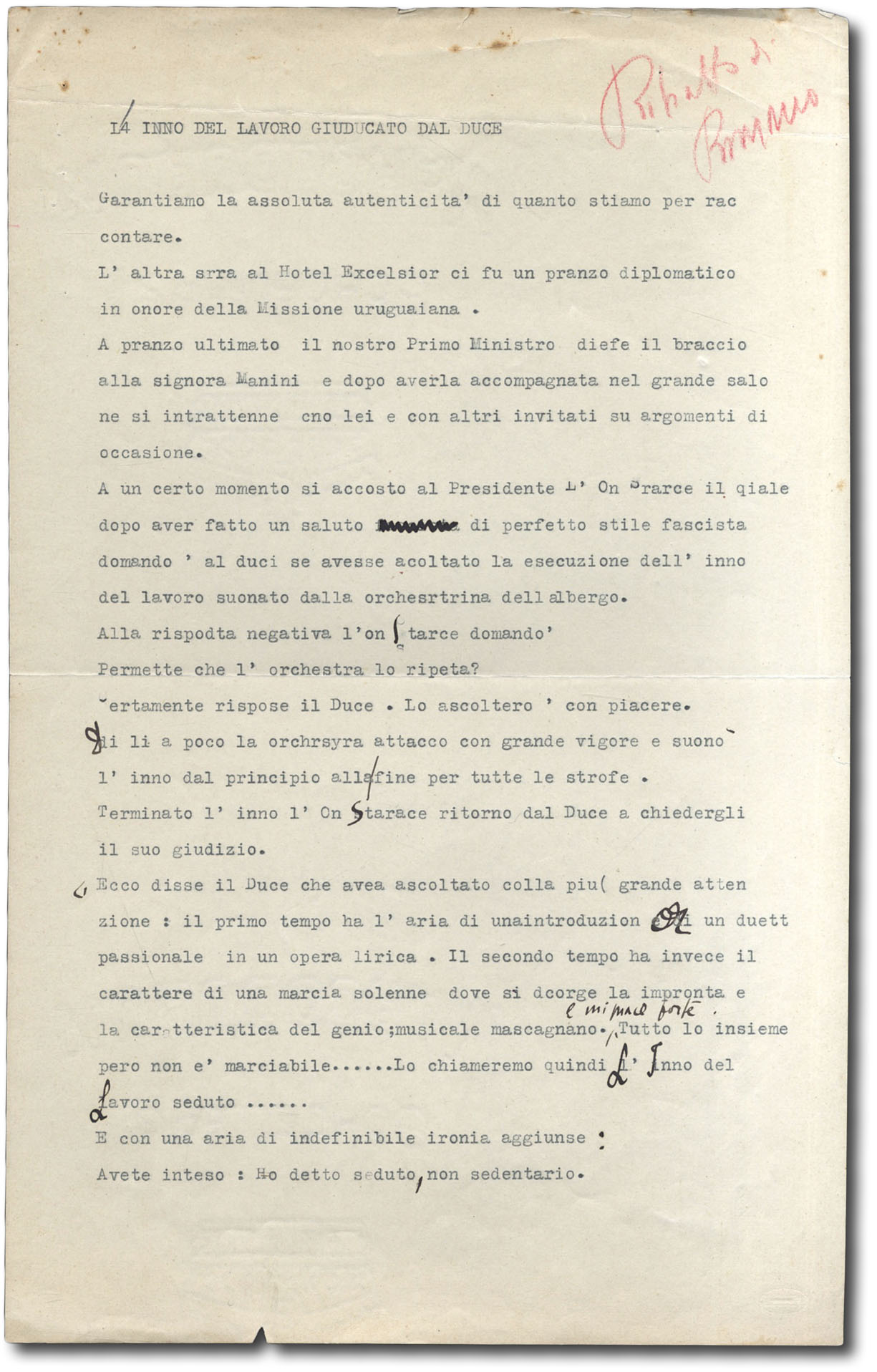Pagina dattiloscritta con correzioni probabilmente autografe del Duce.