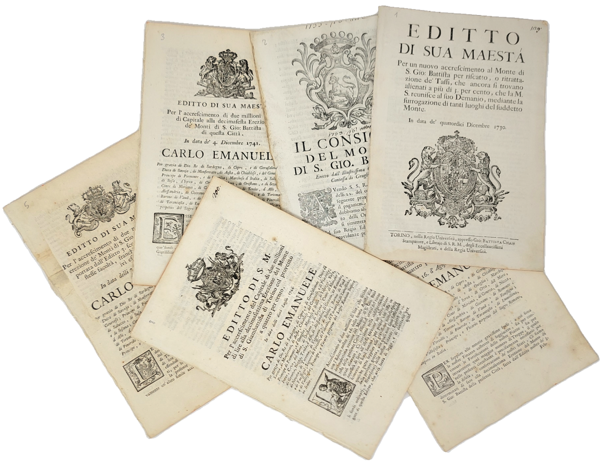 Raccolta di 19 editti reali a stampa.