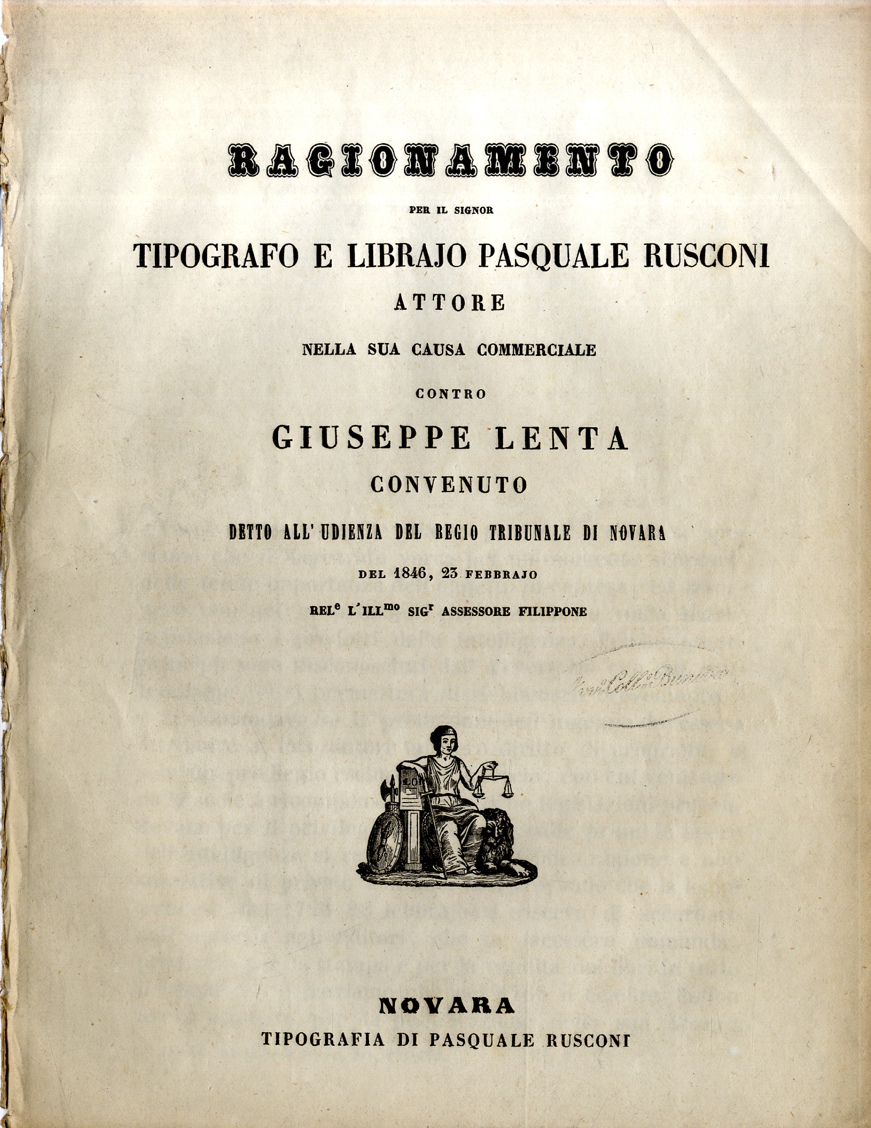 Ragionamento per il Signor tipografo e librajo Pasquale Rusconi attore …