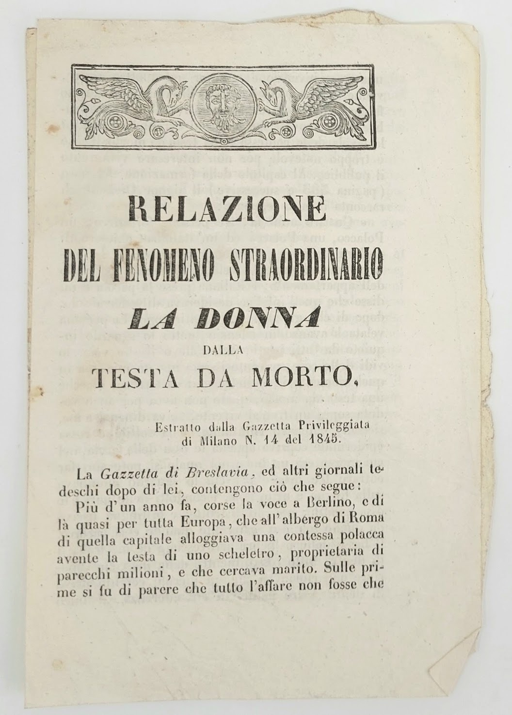 Relazione del fenomeno straordinario. La donna dalla Testa da Morto