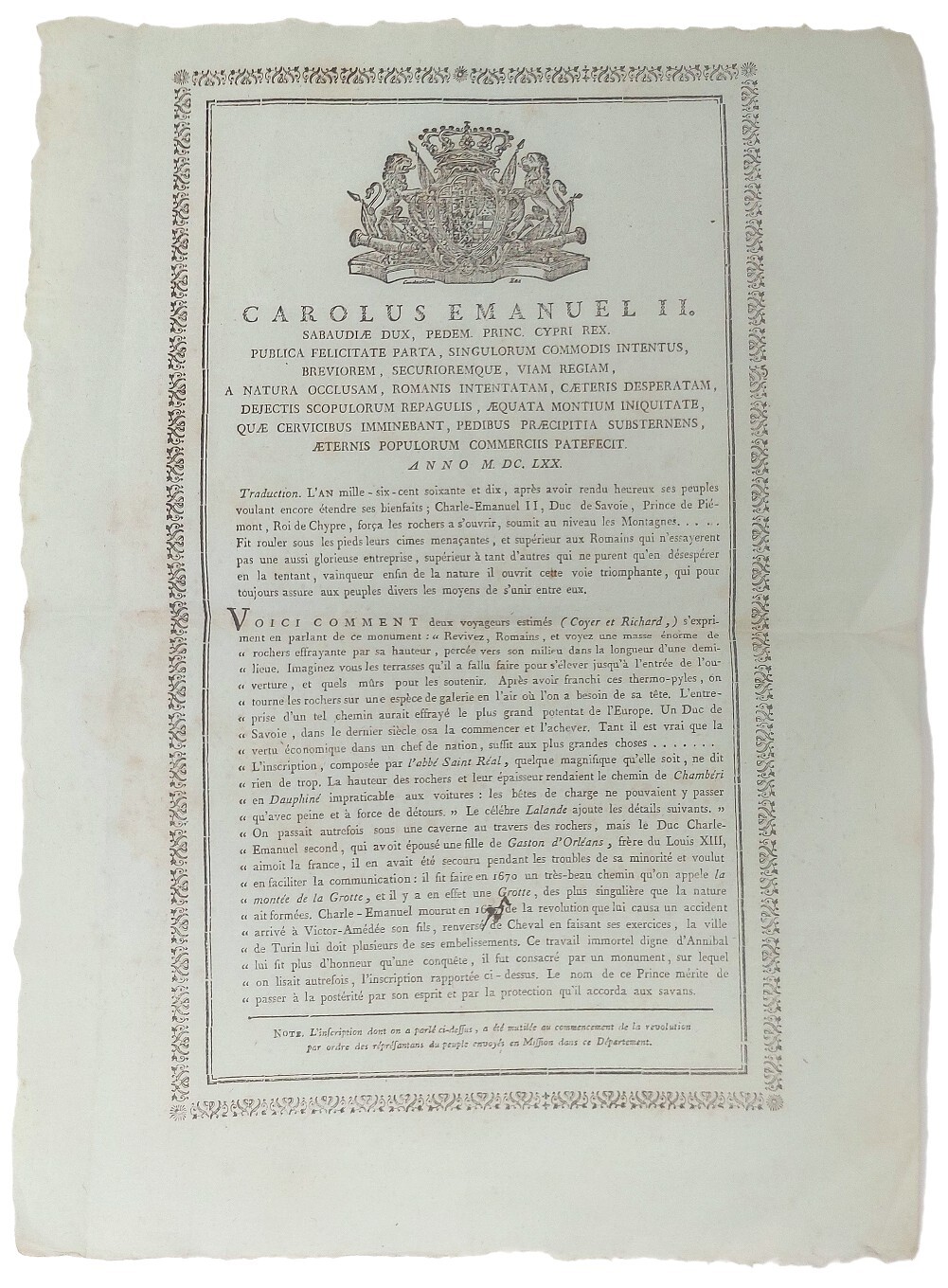 Sull'epigrafe posta sul monumento in onore di Carlo Emanuele II …