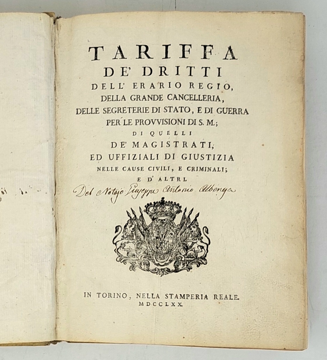 TARIFFA, DE' DIRITTI DELL&amp;rsquo;ERARIO REGIO, della grande Cancelleria delle Segreterie …