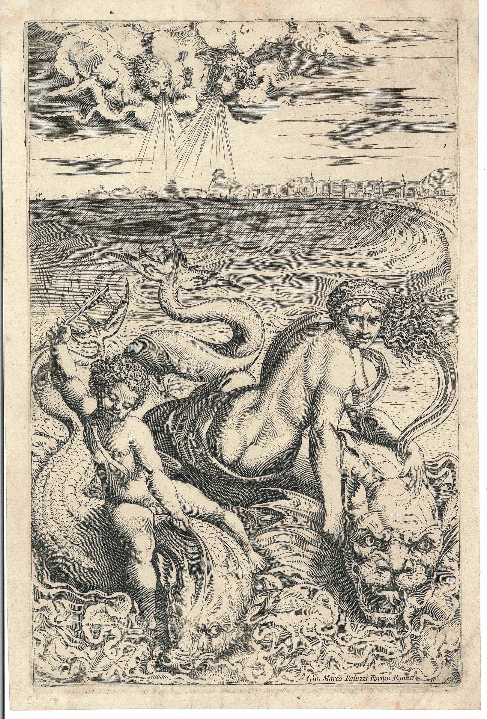 Venere e Amore portati da delfini.