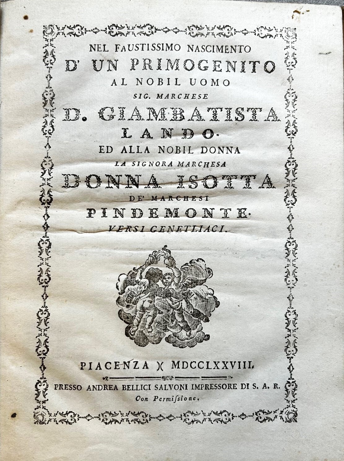 Versi Genetliaci Nel faustissimo nascimento d'un primogenito al nobil uomo …