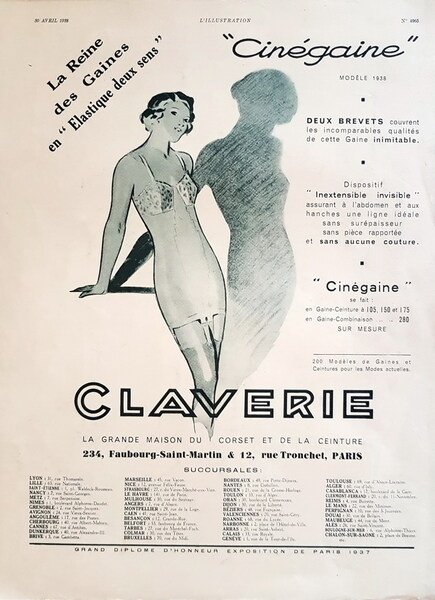 PubblicitÃ originale francese della corsetteria CLAVERIE - 1938