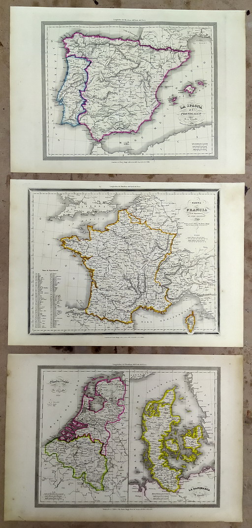 N. 3 carte geografiche della FRANCIA, SPAGNA e PORTOGALLO, OLANDA …