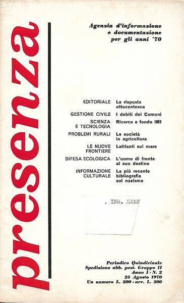 PRESENZA - ANNO I N. 2 - AGOSTO 1970