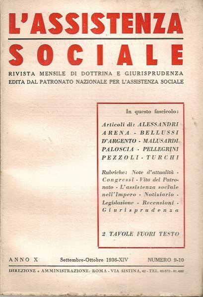 L'Assistenza Sociale - anno X n. 9-10 - settembre/ottobre 1936-XIV