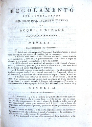 Regolamento per i subalterni del corpo degl’ingegneri pontificj di acque, …