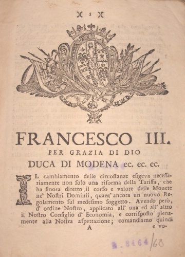 Editto numismatico sulle monete d’oro emanato da Francesco III, Duca …