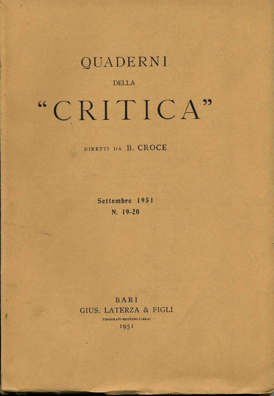 quaderni della critica n.19-20 settembre 1951 benedetto croce