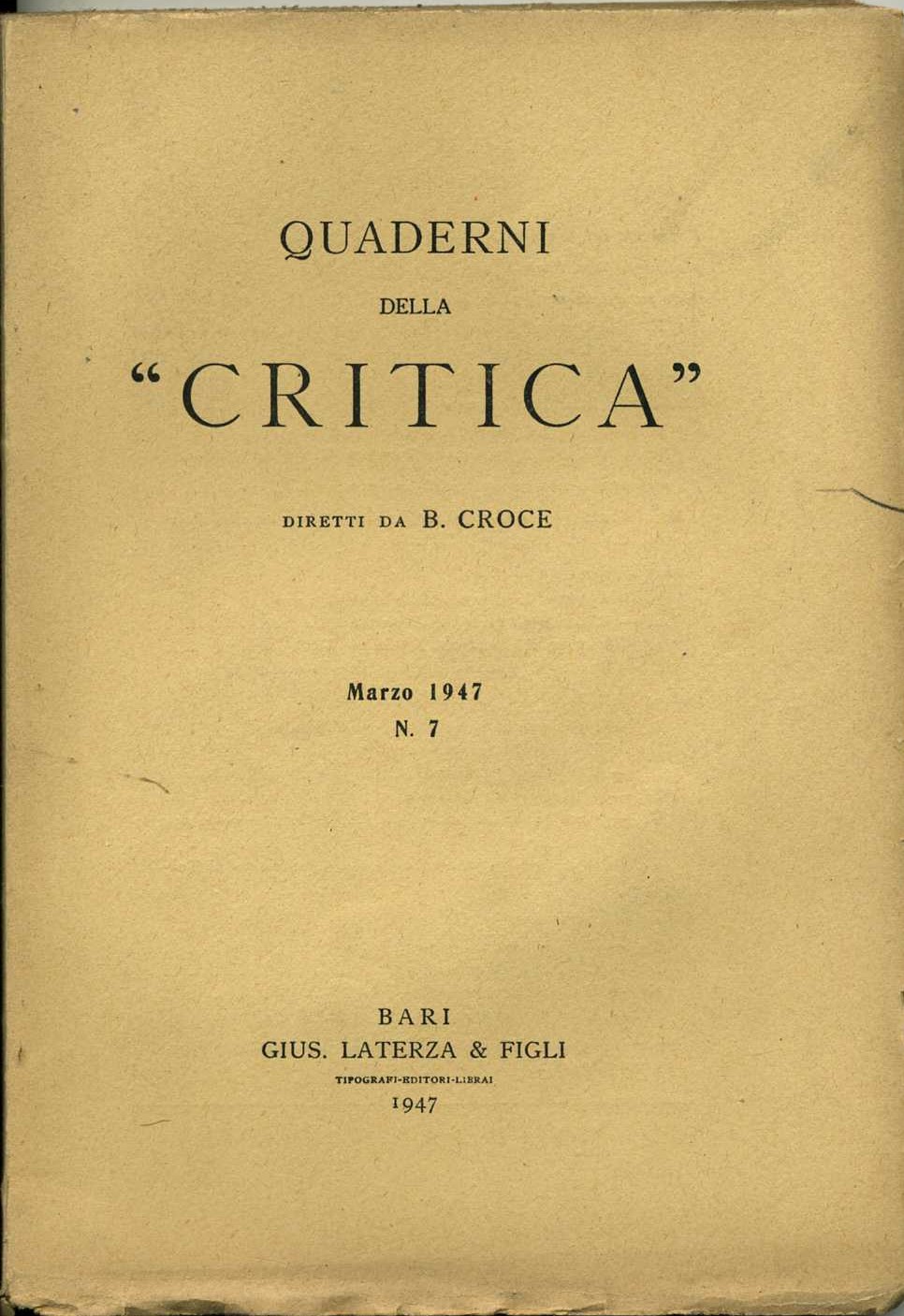 quaderni della critica n.7 marzo 1947 benedetto croce