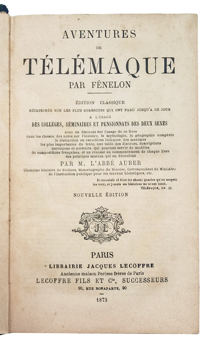 Aventures de Telemaque par Fenelon. Edtion classique […] par M. …