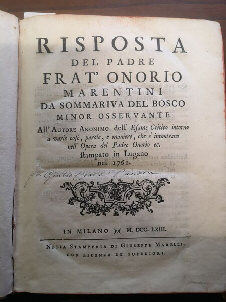 Risposta del padre frat’Onorio Marentini da Sommariva del Bosco minor …