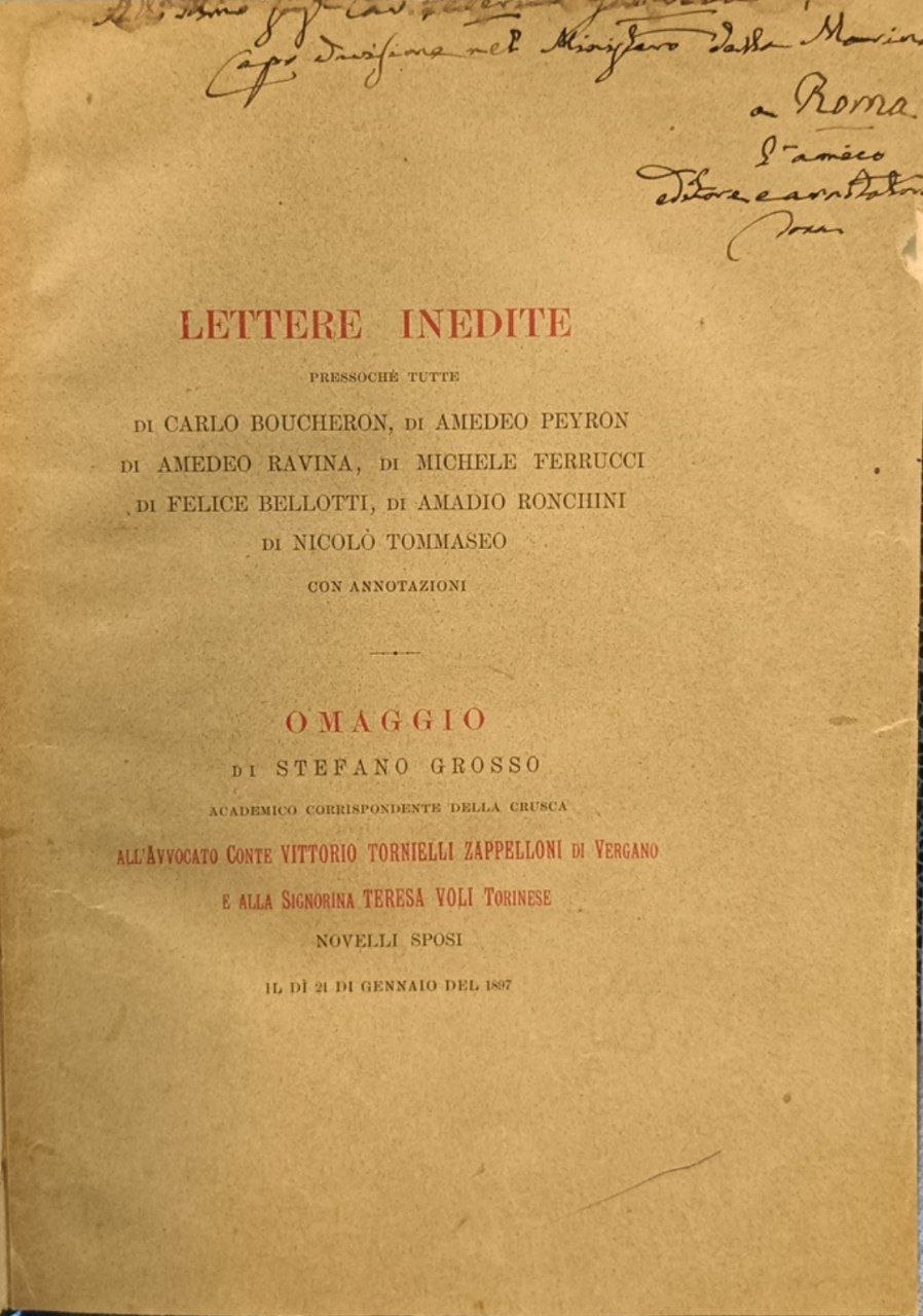 Lettere Inedite (pressoché tutte) di Carlo Boucheron, di Amedeo Peyron, …