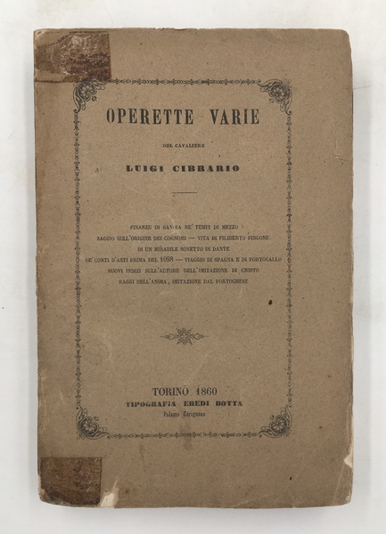 OPERETTE varie del cavaliere Luigi Cibrario. FINANZE di SAVOIA ne' …