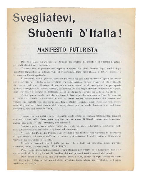 SVEGLIATEVI, STUDENTI d'ITALIA ! Manifesto futurista. Maggio 1921.