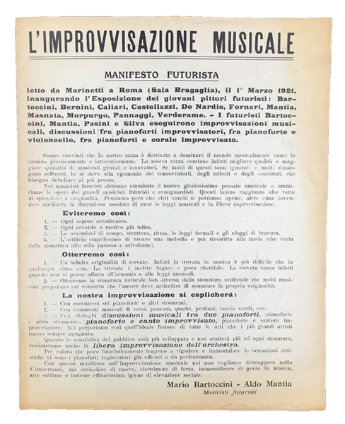L'IMPROVVISAZIONE MUSICALE. Manifesto futurista letto da MARINETTI a Roma (Sala …