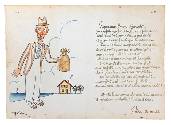 LETTERA di auguri con AUTORITRATTO scherzoso dell'Artista a fronte di …