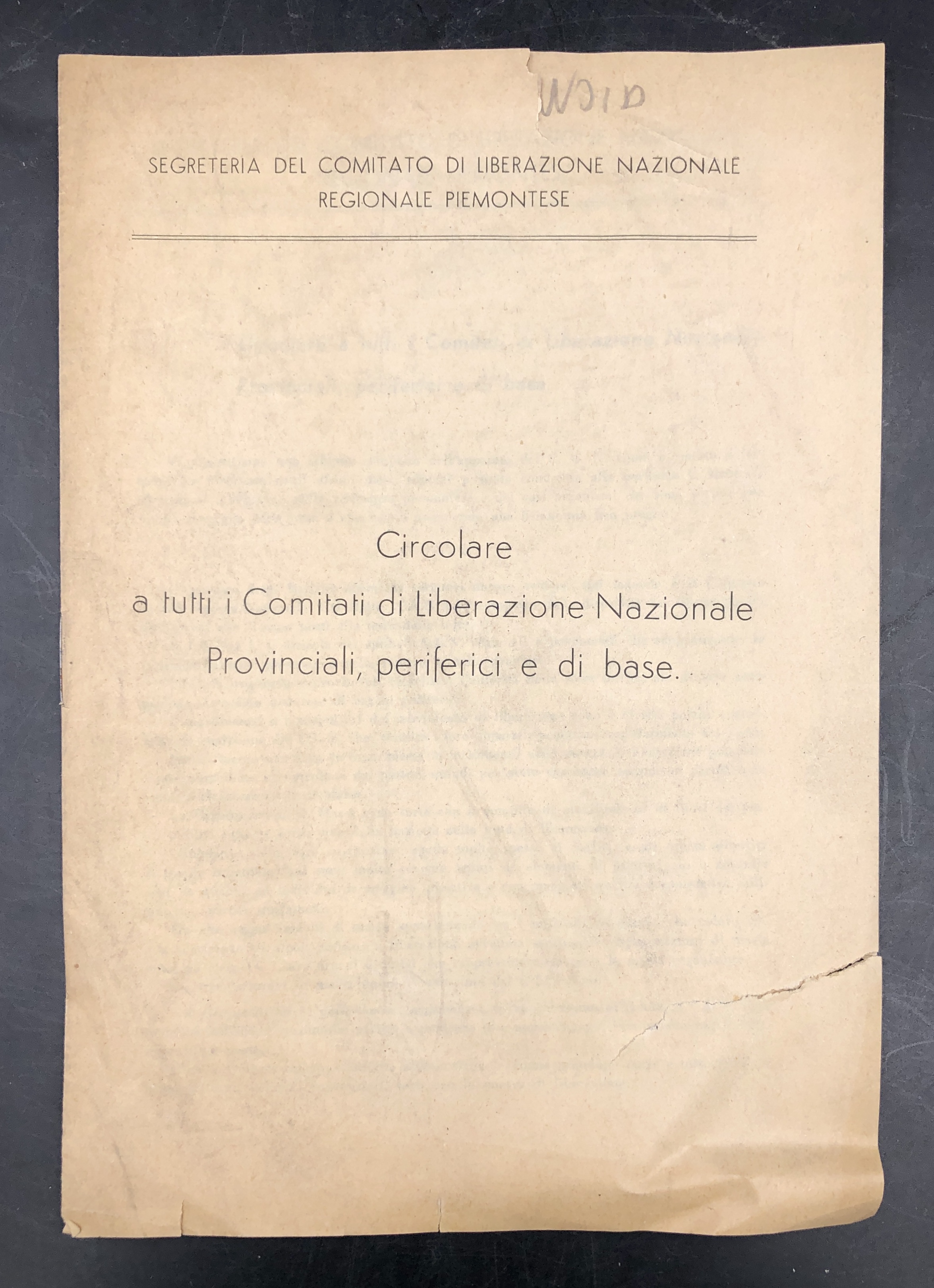 CIRCOLARE a TUTTI i COMITATI di LIBERAZIONE NAZIONALE provinciali, periferici …